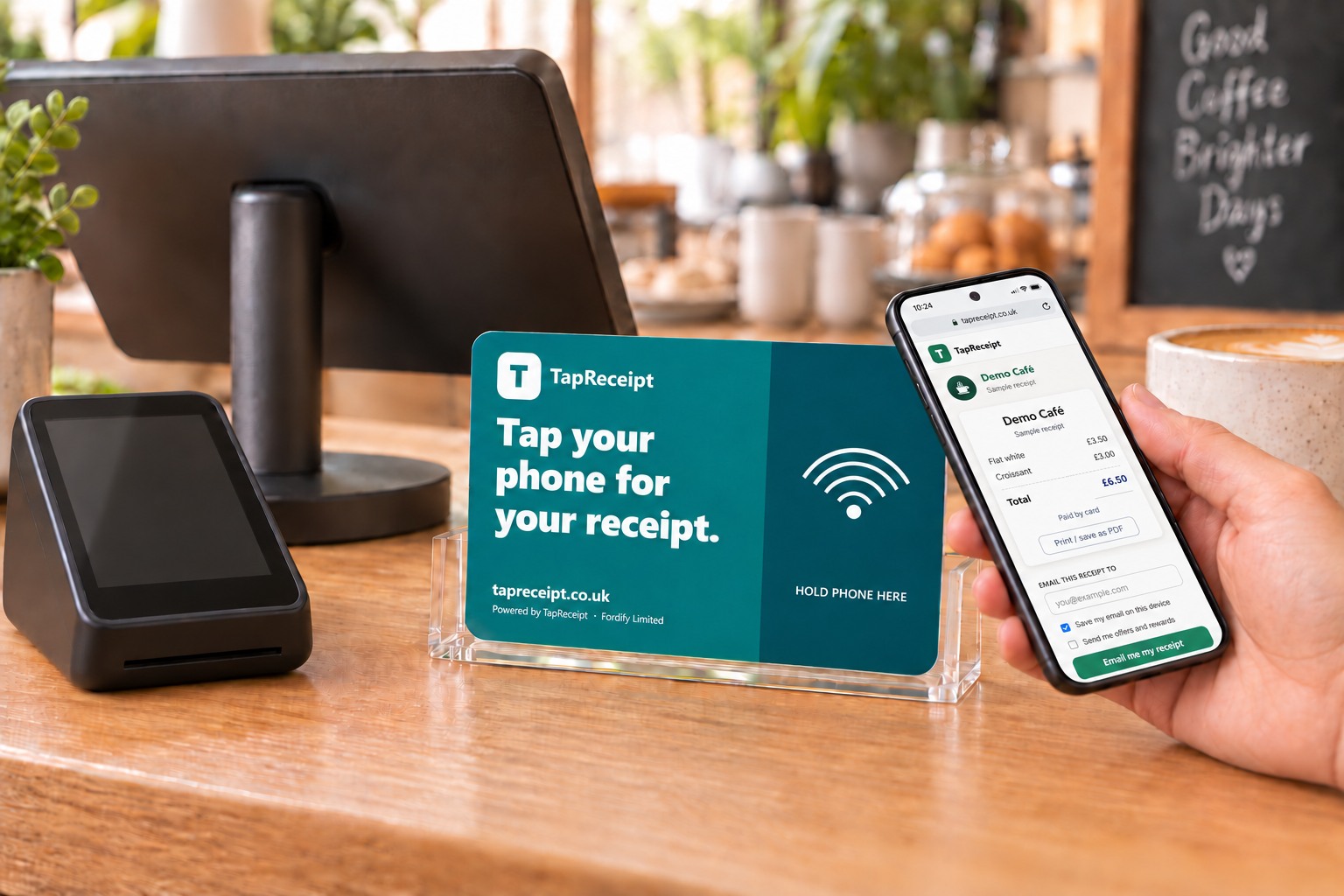 A customer holds their phone to a TapReceipt NFC card on a cafe counter and their itemised receipt appears on screen