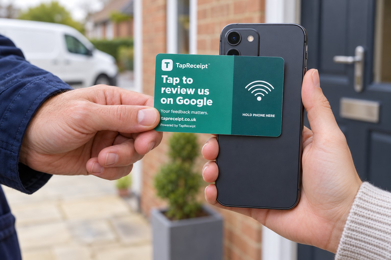 A technician holds a TapReceipt review card to a customer's phone on the doorstep